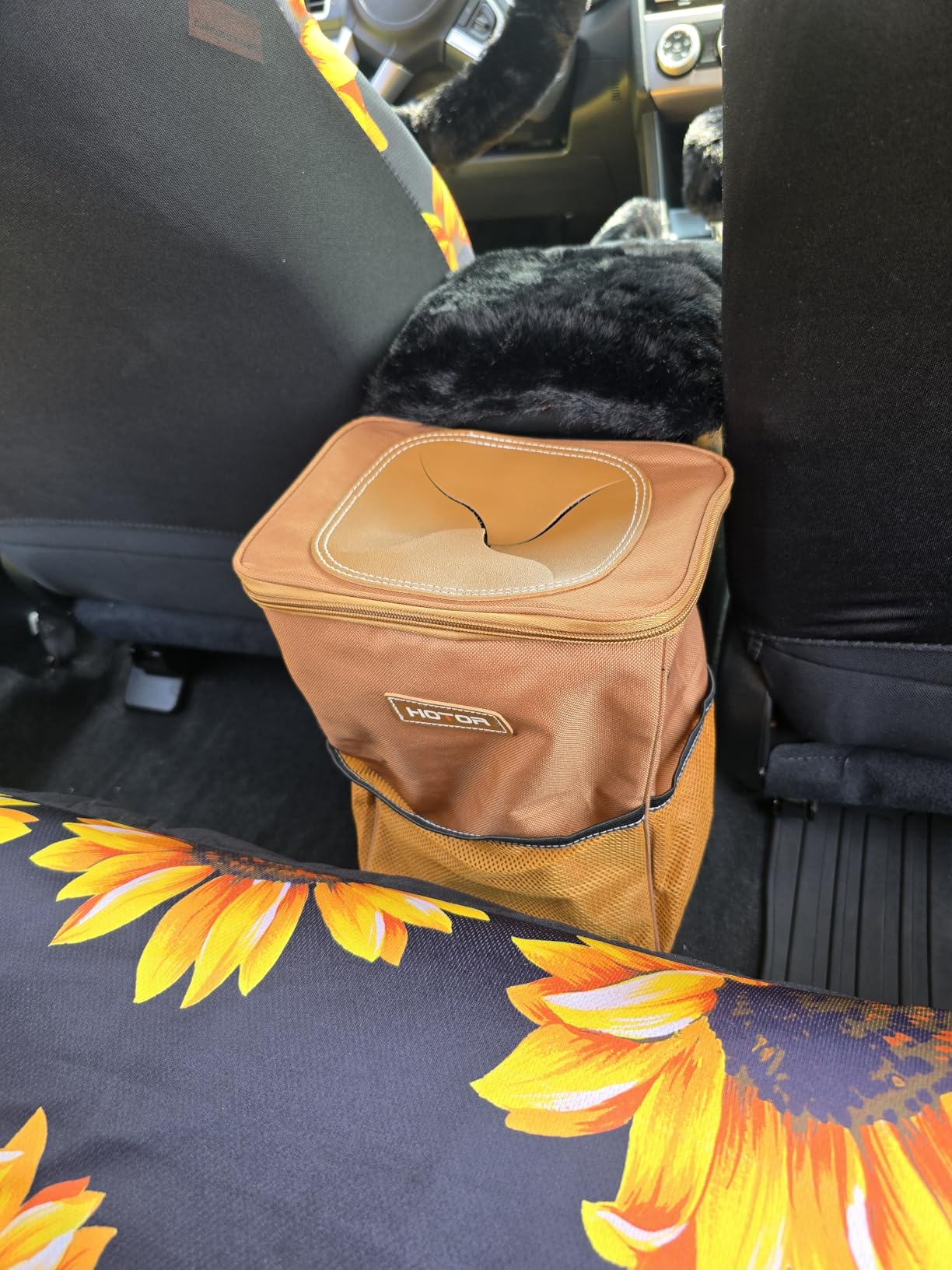 Car Trash Can with Lid and Storage Pockets - 100% Leak-Proof Organizer, Waterproof Garbage Can, Multipurpose Trash Bin for Car, 2 Gallons, Black