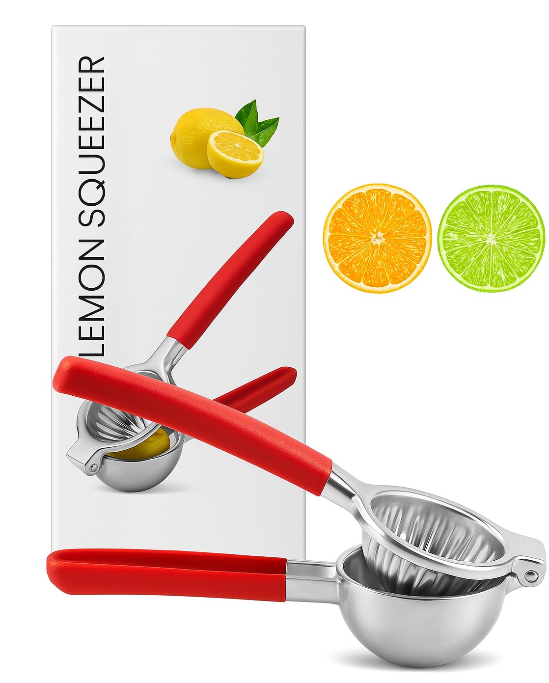 Lemon Squeezer Tuiswo Stainless Steel LARGE Manual Citrus Juicer, Durable Metal Juicing Bowl with Non-Slip Grip, Premium Quality (Silver/Red)