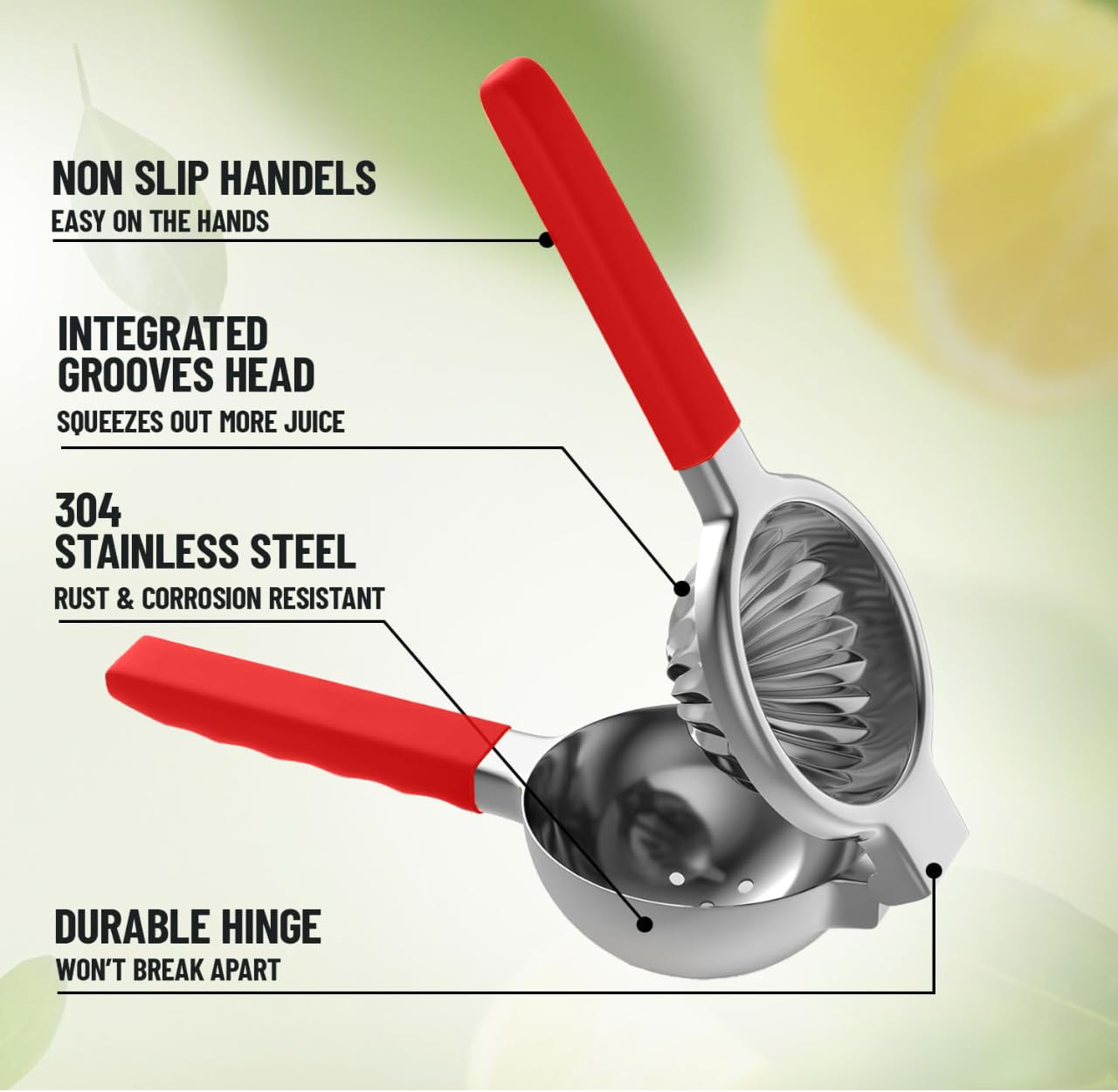 Lemon Squeezer Tuiswo Stainless Steel LARGE Manual Citrus Juicer, Durable Metal Juicing Bowl with Non-Slip Grip, Premium Quality (Silver/Red)