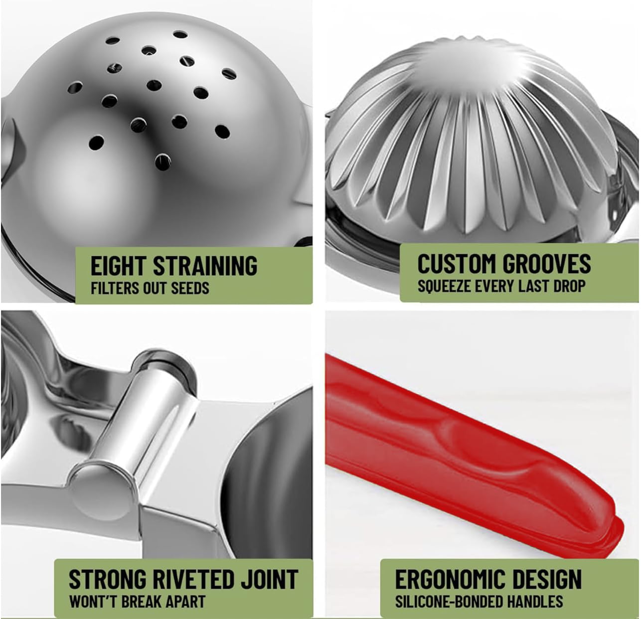 Lemon Squeezer Tuiswo Stainless Steel LARGE Manual Citrus Juicer, Durable Metal Juicing Bowl with Non-Slip Grip, Premium Quality (Silver/Red)